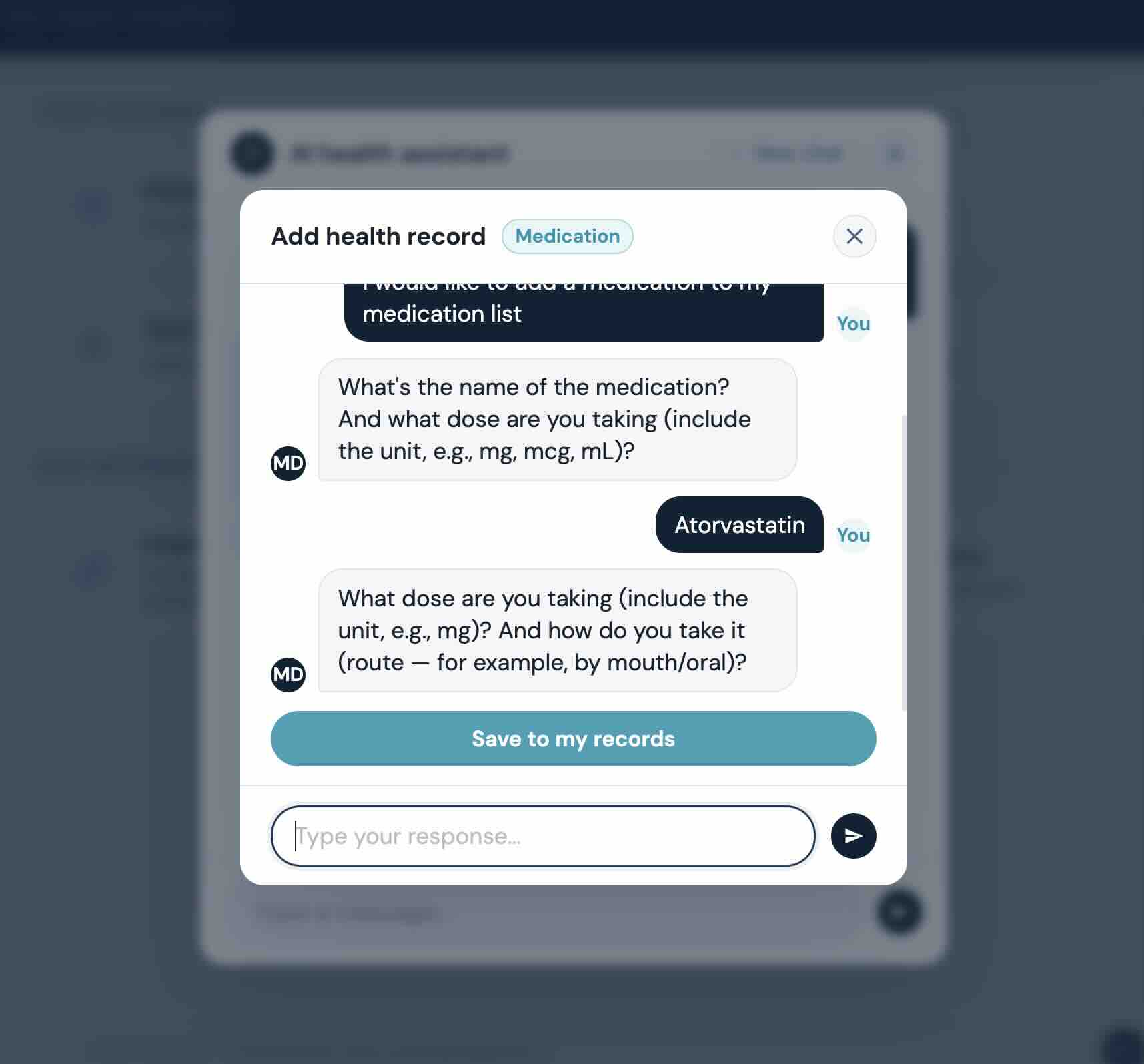 The add-health-record chat collecting a medication name and dose.