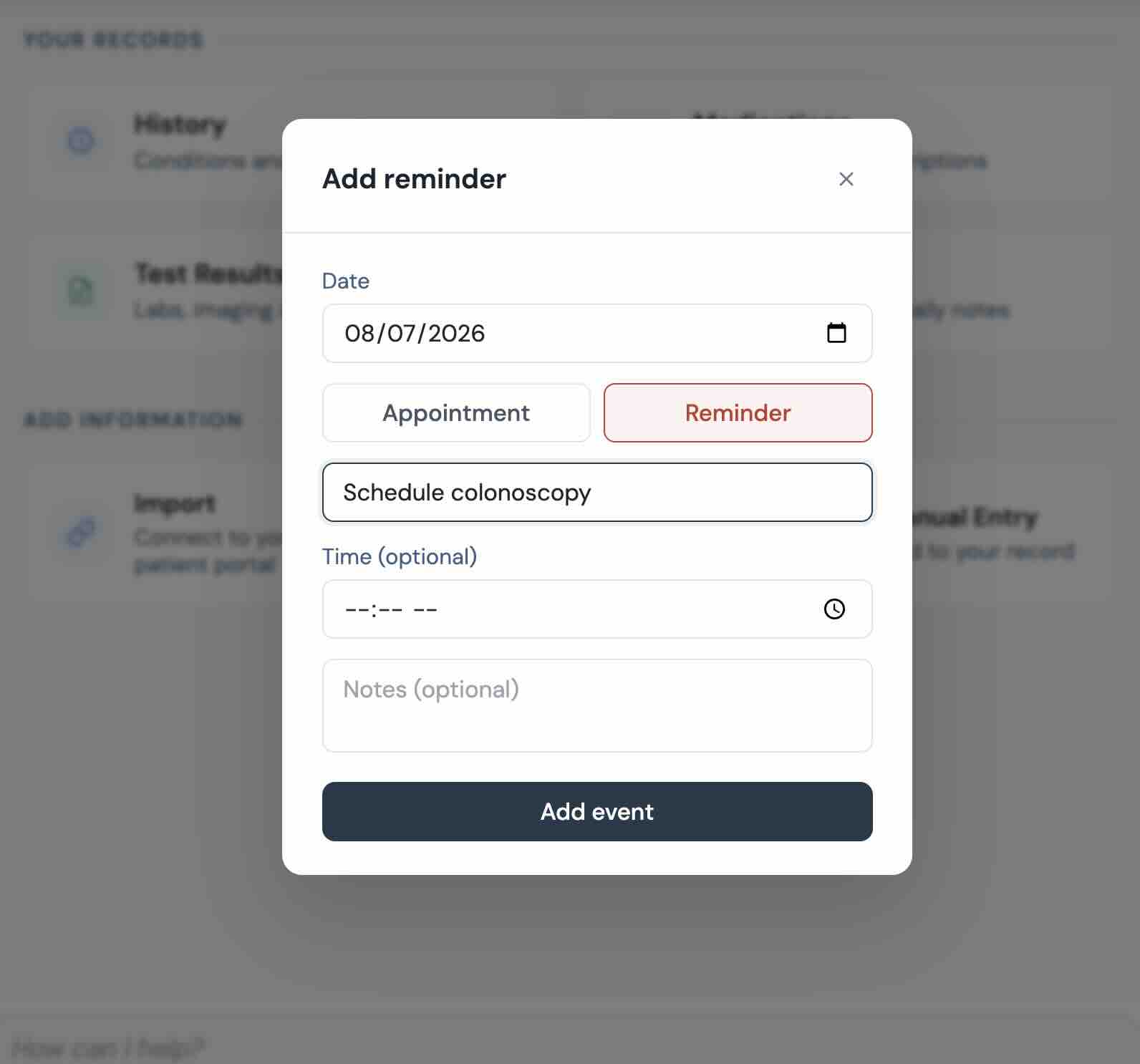 The add-reminder dialog with a title, date and notes.