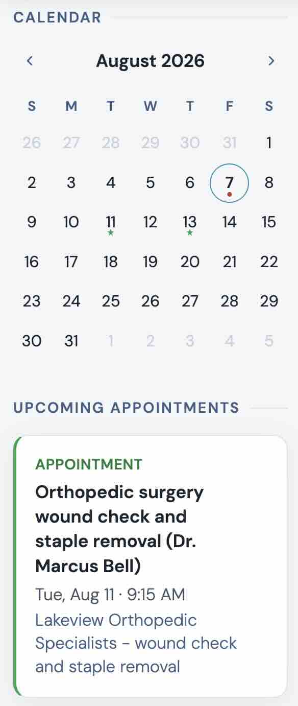A month calendar with appointments and reminders marked.