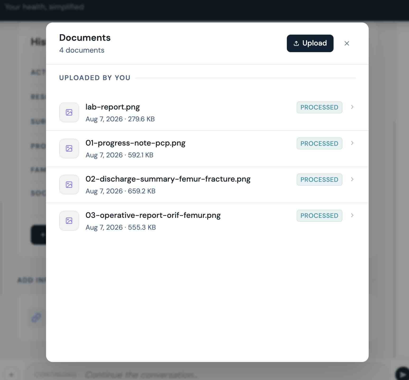 The Documents panel listing uploaded and imported clinical documents.