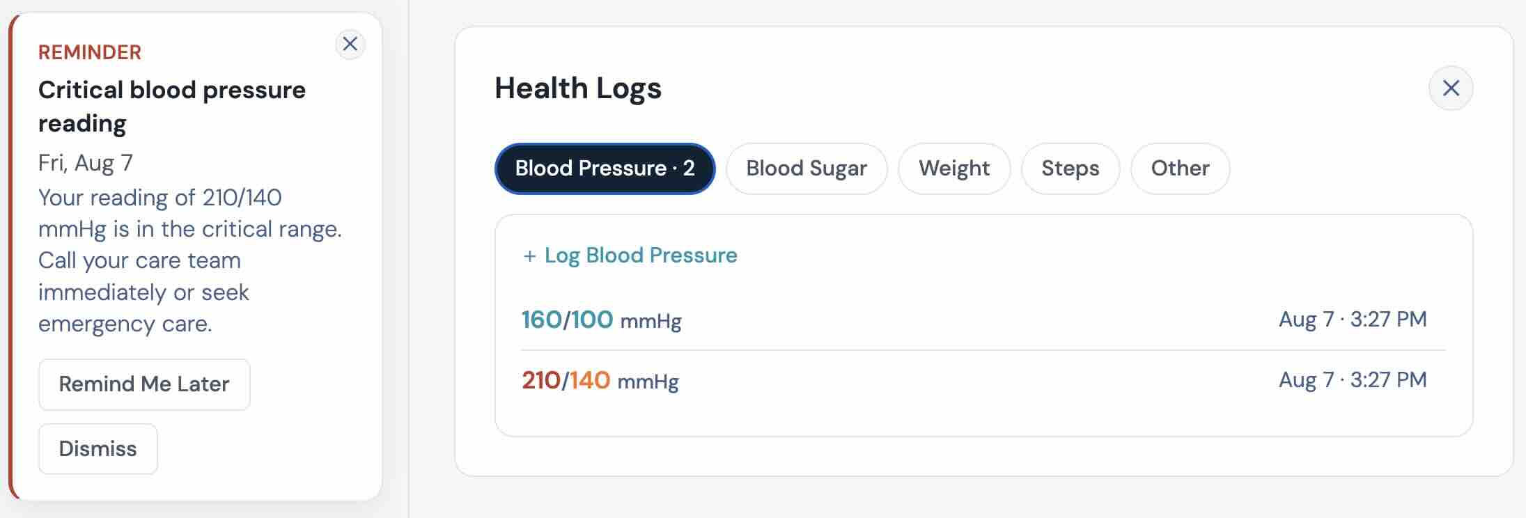 Blood pressure readings colour-coded by whether each value is in range, abnormal or critical.