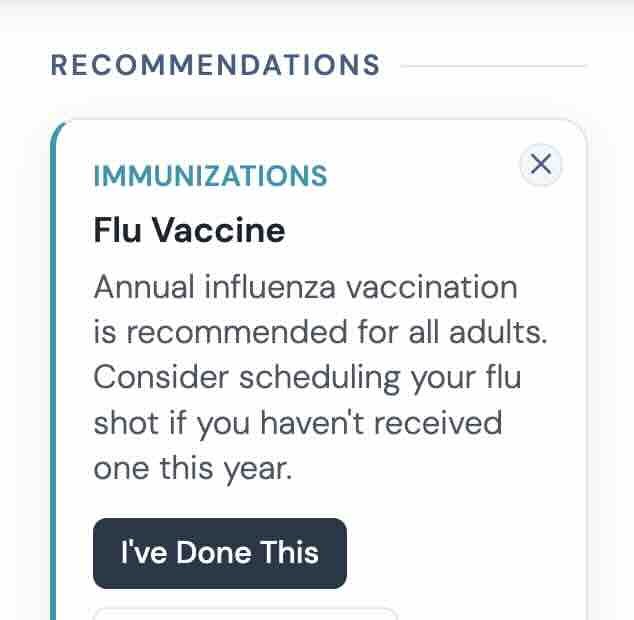 A recommendation card suggesting an annual flu vaccination.