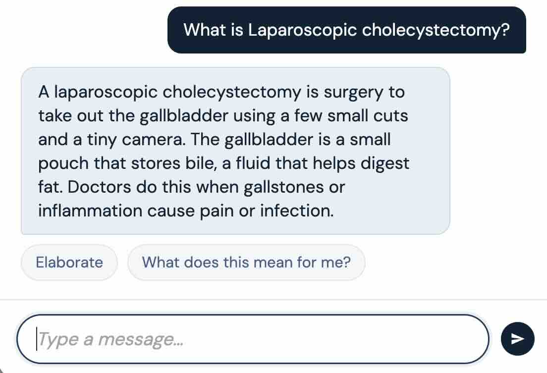 The assistant explaining in plain language what a laparoscopic cholecystectomy is.